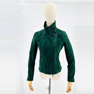 BLANKNYC Genuine Suede Leather Forest Green Moto Buckle Collar Zip Jacket